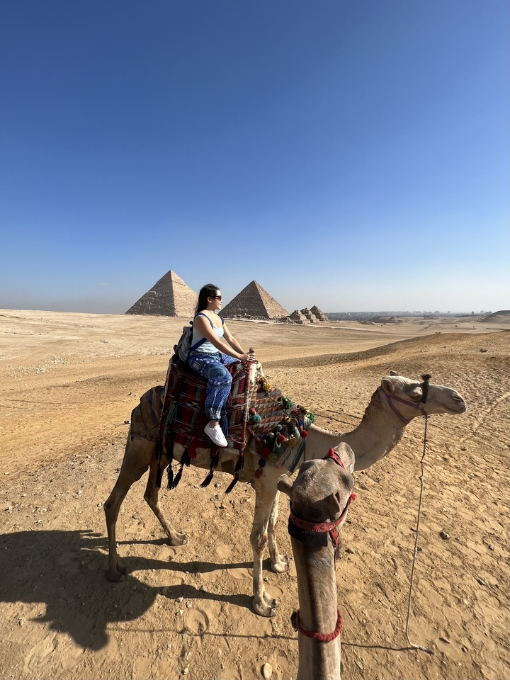 Person on a camel with pyramids in the background.