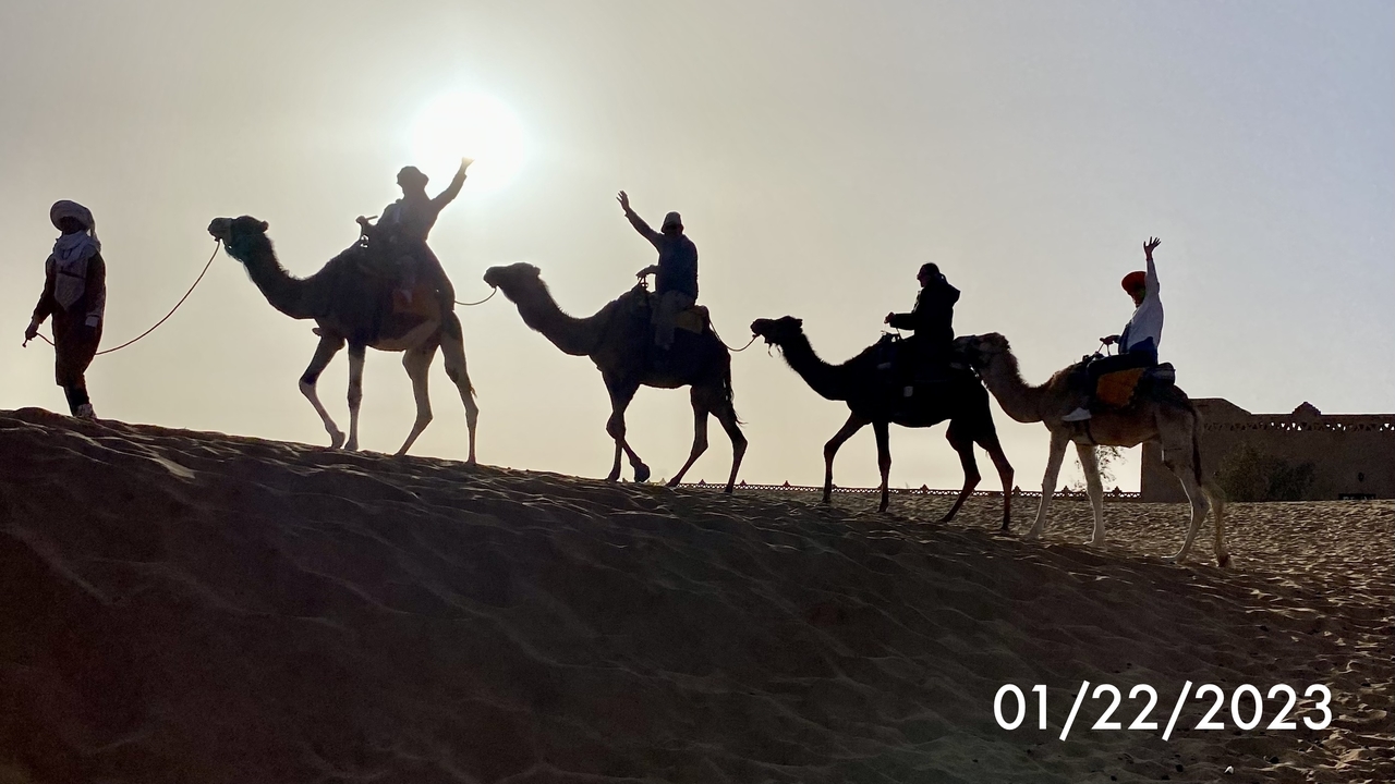 Silhouetted camel riders across a sand dune with a date in the corner.