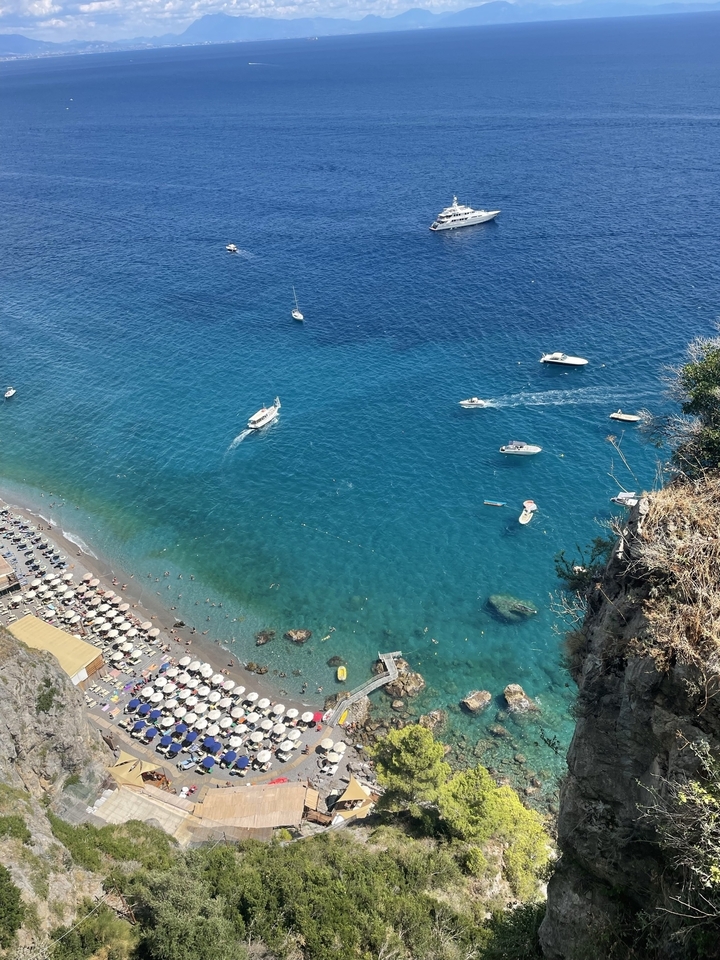 Aerial view of boats in the sea with a beach
