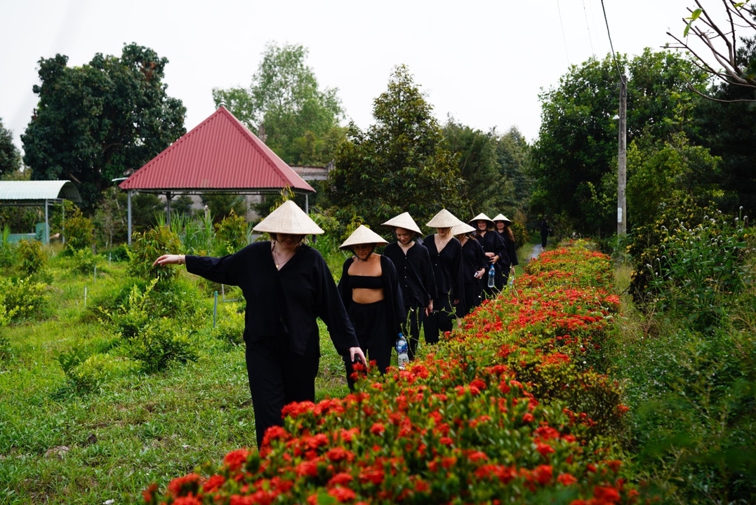 Group of tourists walking through a garden with trees and flowers.