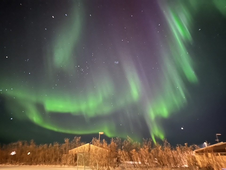 Aurora borealis displayed across a night sky with stars.