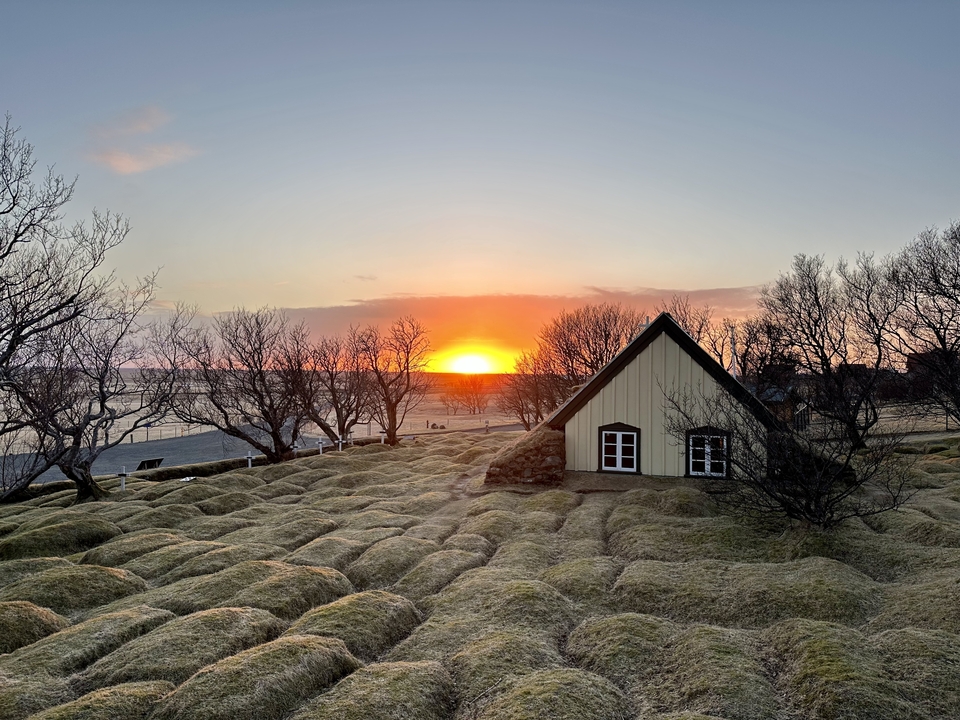Sunset view behind a traditional turf-roofed house and bare trees.