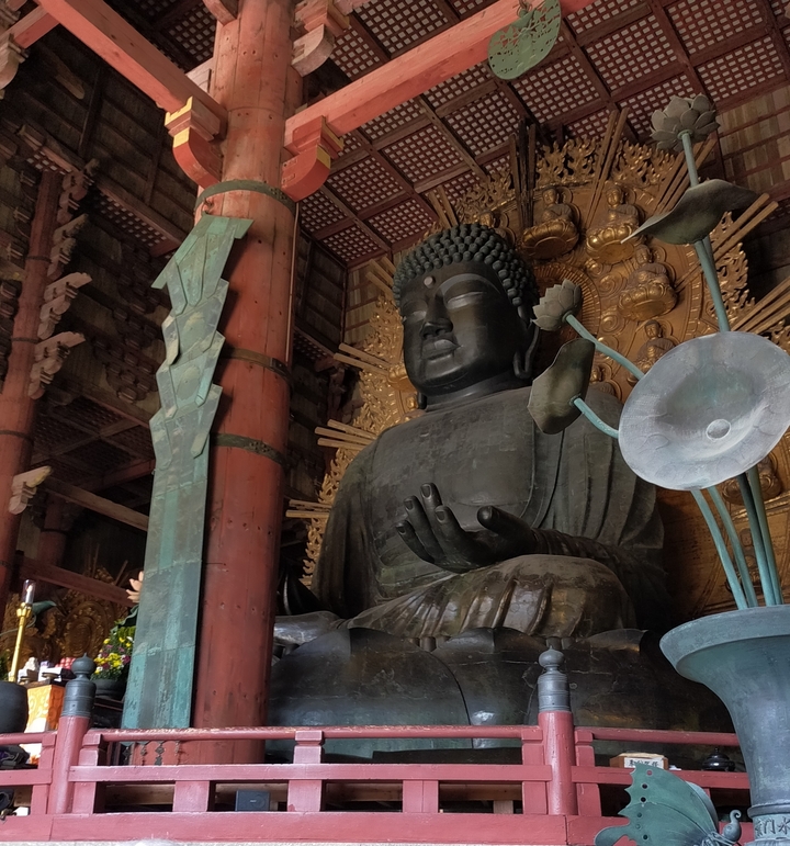 Interior of a temple featuring a large Buddha statue.