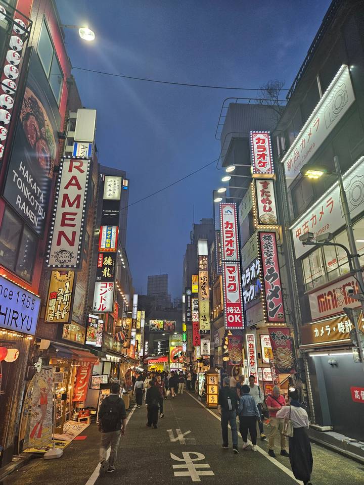 Busy city street in Japan with glowing signs.