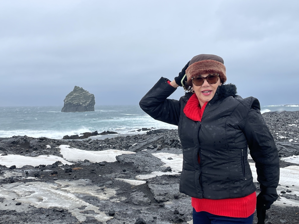 Person in winter clothes by a rocky coastline.