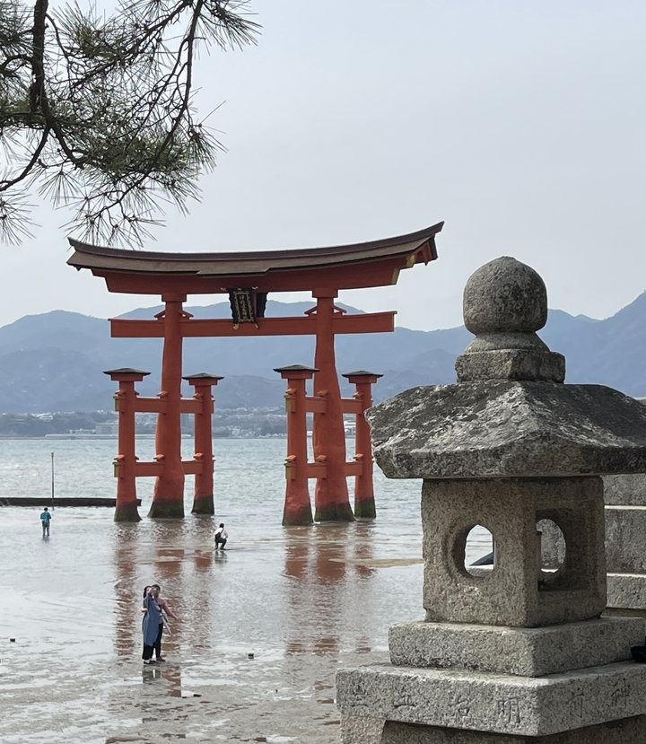 Porte torii rouge emblématique au bord de mer.