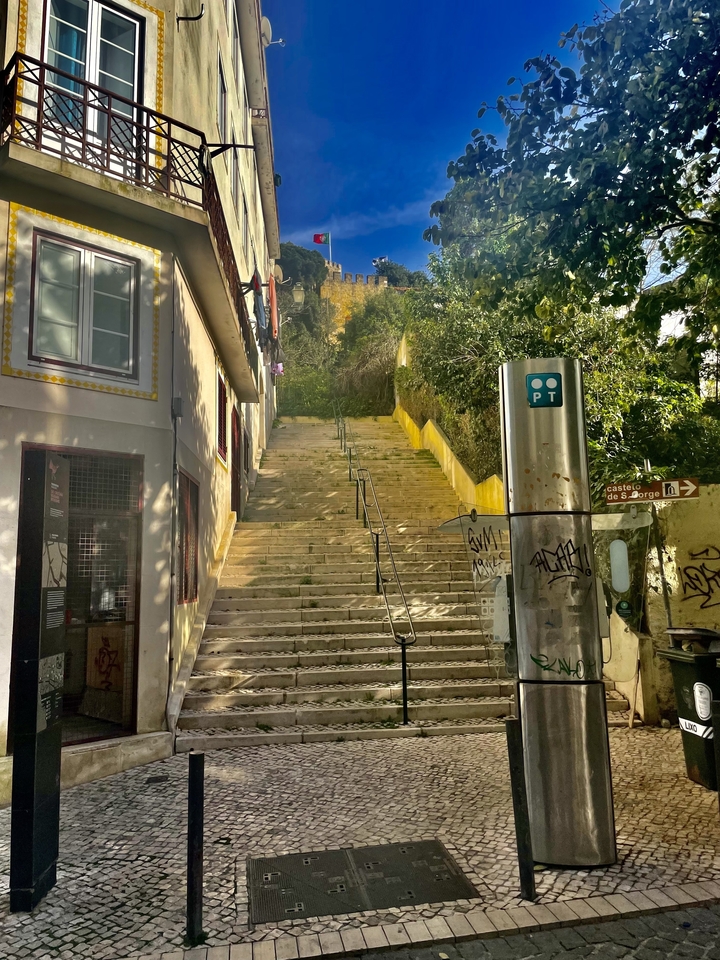 Narrow stairs with urban surroundings.