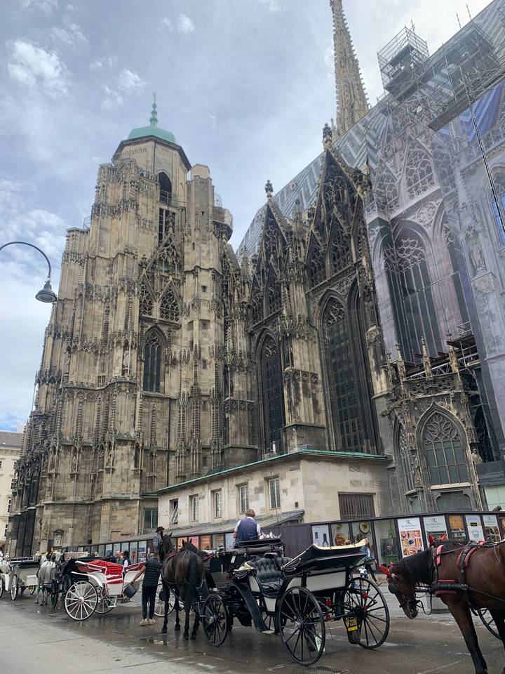 Gothic cathedral with horse carriages around.