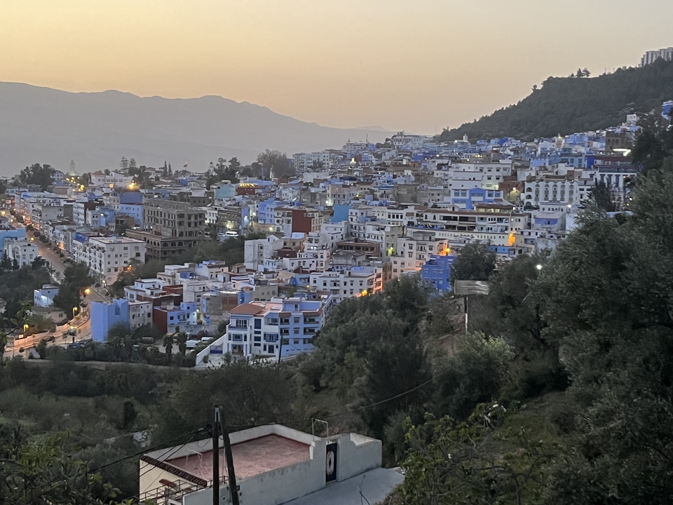 Hillside cityscape with buildings at dusk.