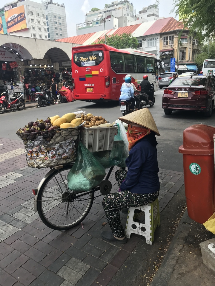 Vendeur de fruits à vélo, garé dans une rue animée.