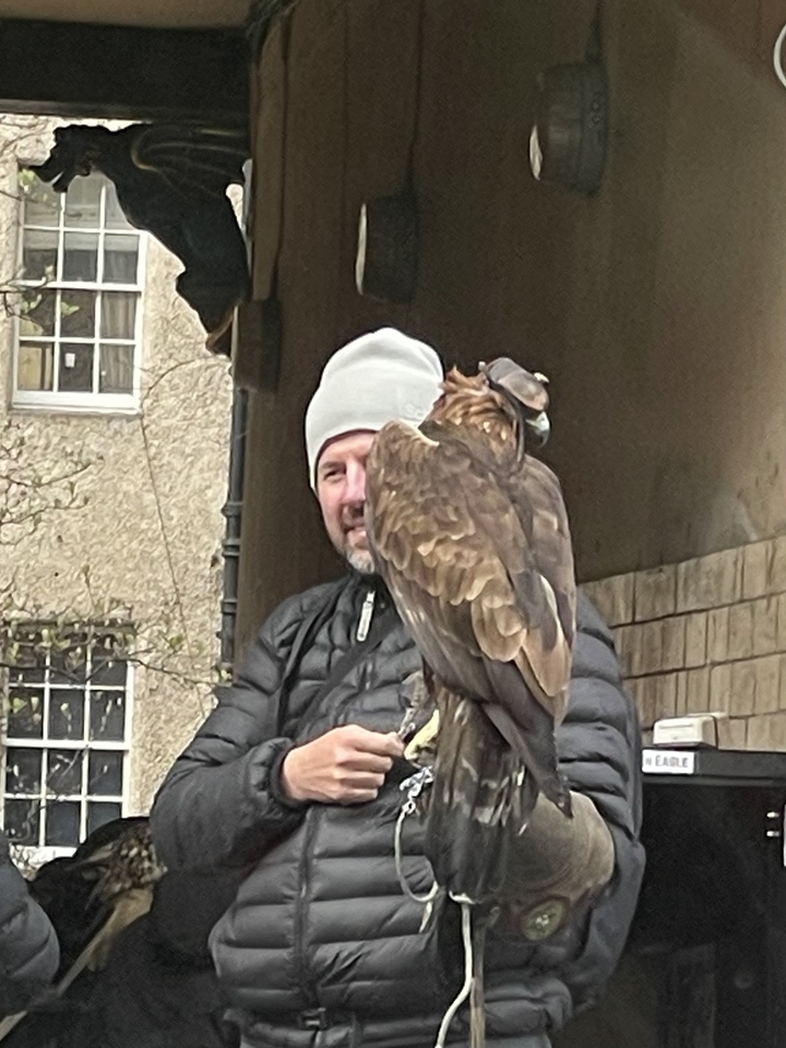 Man holding a bird of prey wearing a hood.