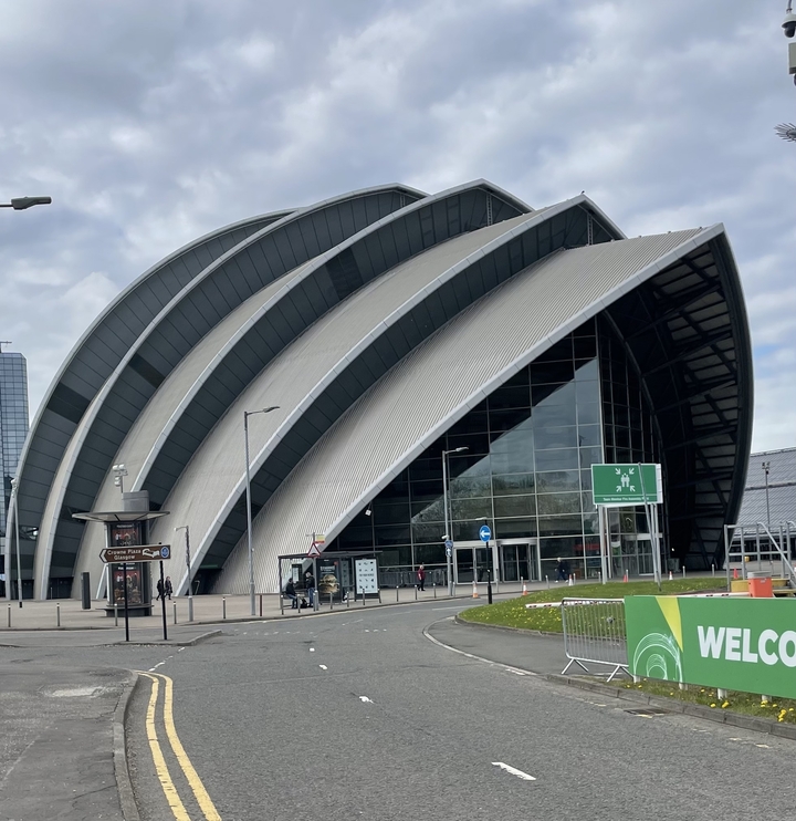 Modern architectural structure with curved design.