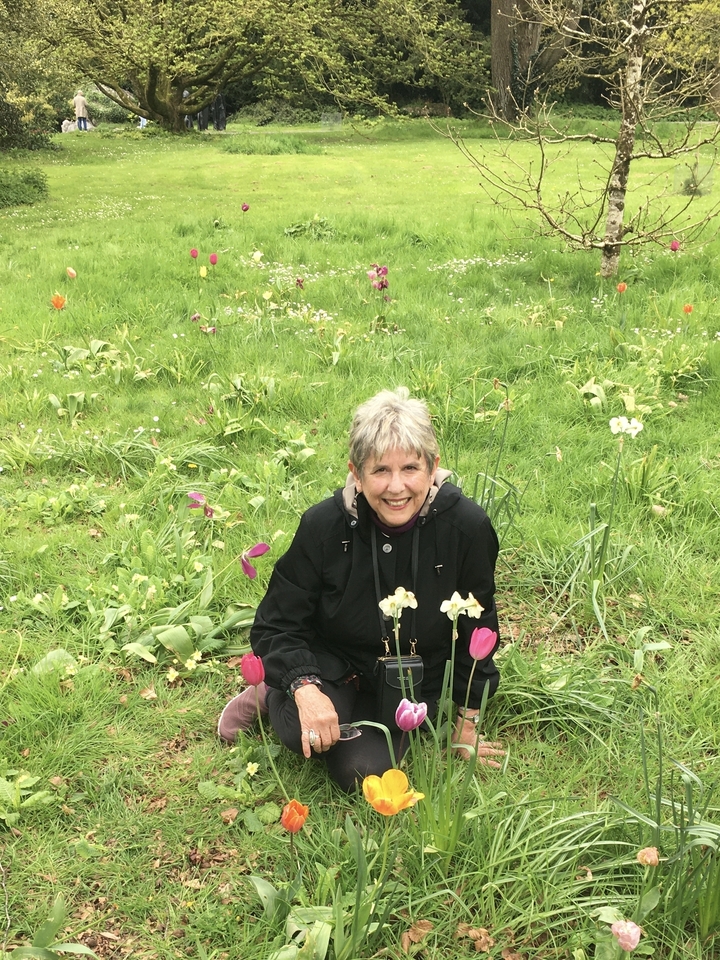 Personne assise dans un jardin avec des fleurs.