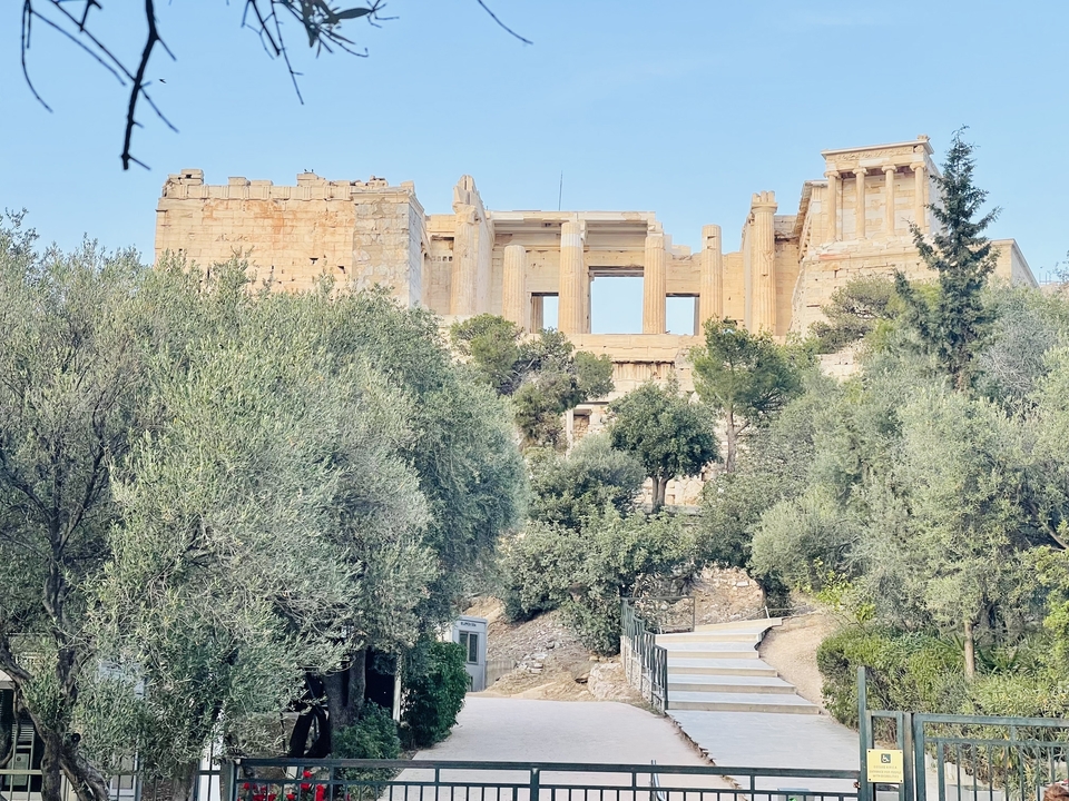 Ancient temple ruin surrounded by trees.