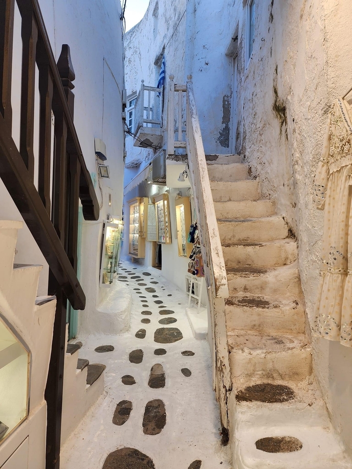 Narrow path with stairs and whitewashed walls in a village.