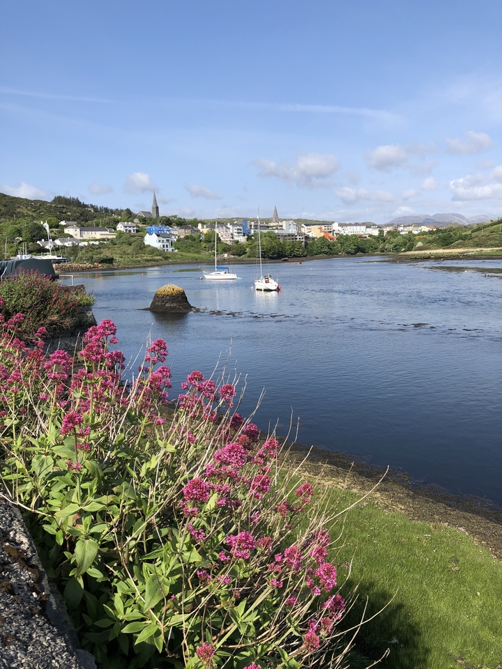 A picturesque bay with sailboats and colorful flowers in the foreground.