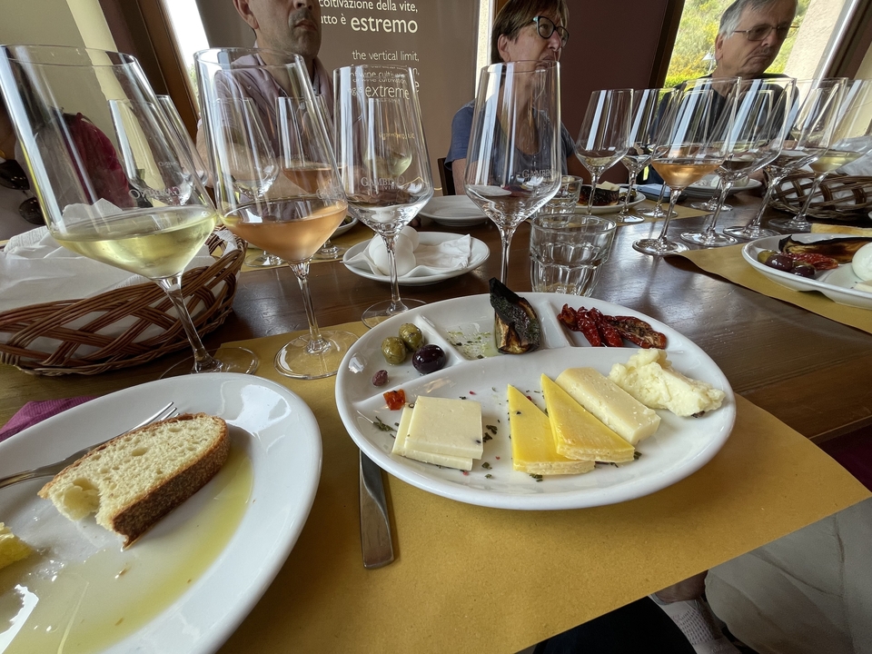 A selection of cheeses and dried fruits on a plate with multiple wine glasses on a table.
