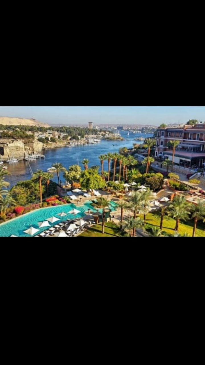 Complexe hôtelier luxueux au bord de la rivière avec palmiers et piscine.