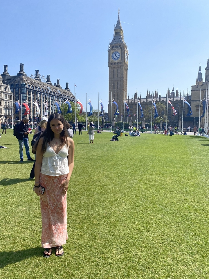 Person standing on a green field with flags and historic buildings.