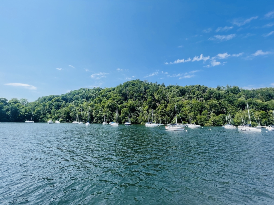 Des bateaux amarrés dans une baie aux eaux calmes entourée de verdure.