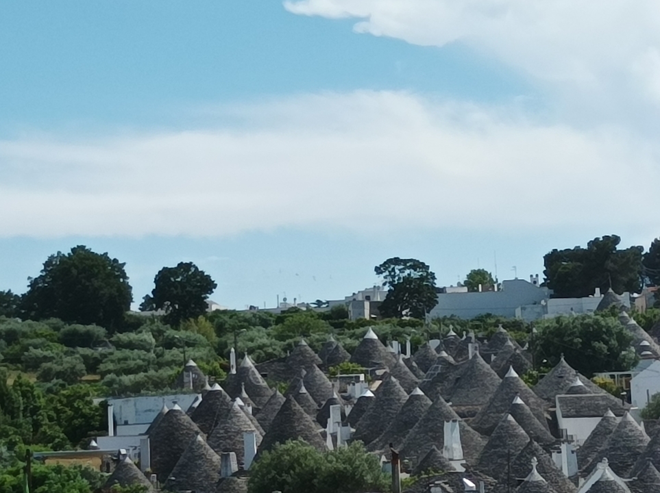 Trulli houses with conical roofs in a green rural setting.