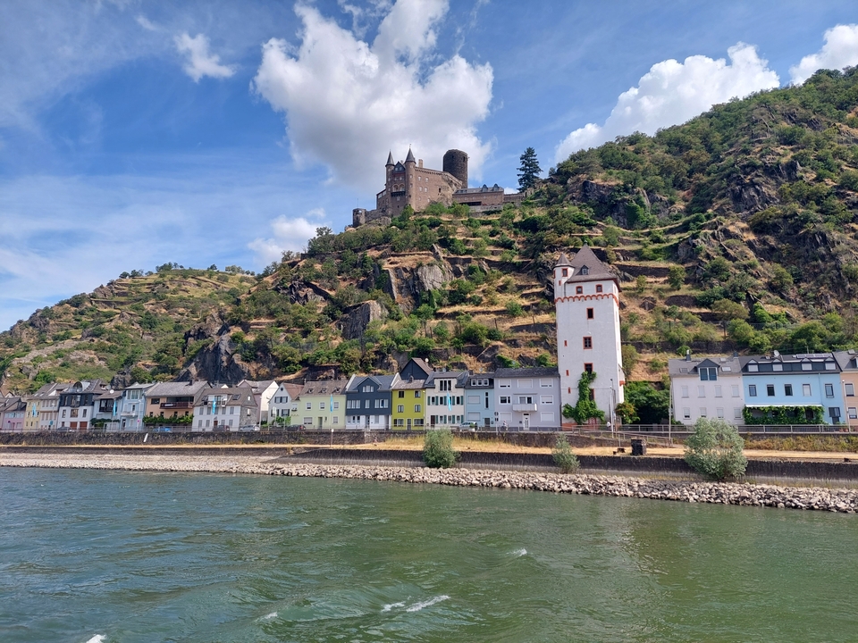 Maisons au bord de la rivière et château sur une colline.