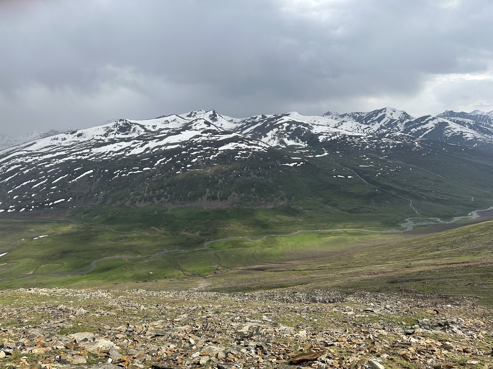 Expansive view of snow-covered mountains and grassy plateau.
