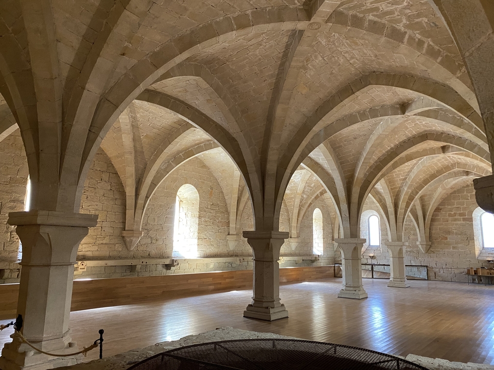 Stone interior with vaulted ceilings and sunlight.