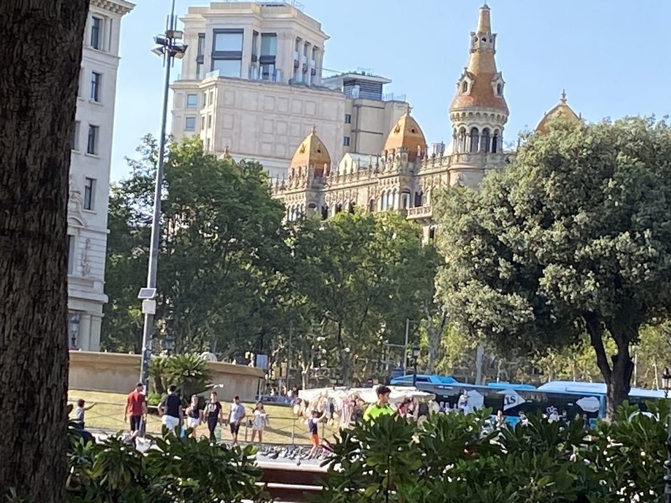 Building with ornate towers behind trees in a city park.