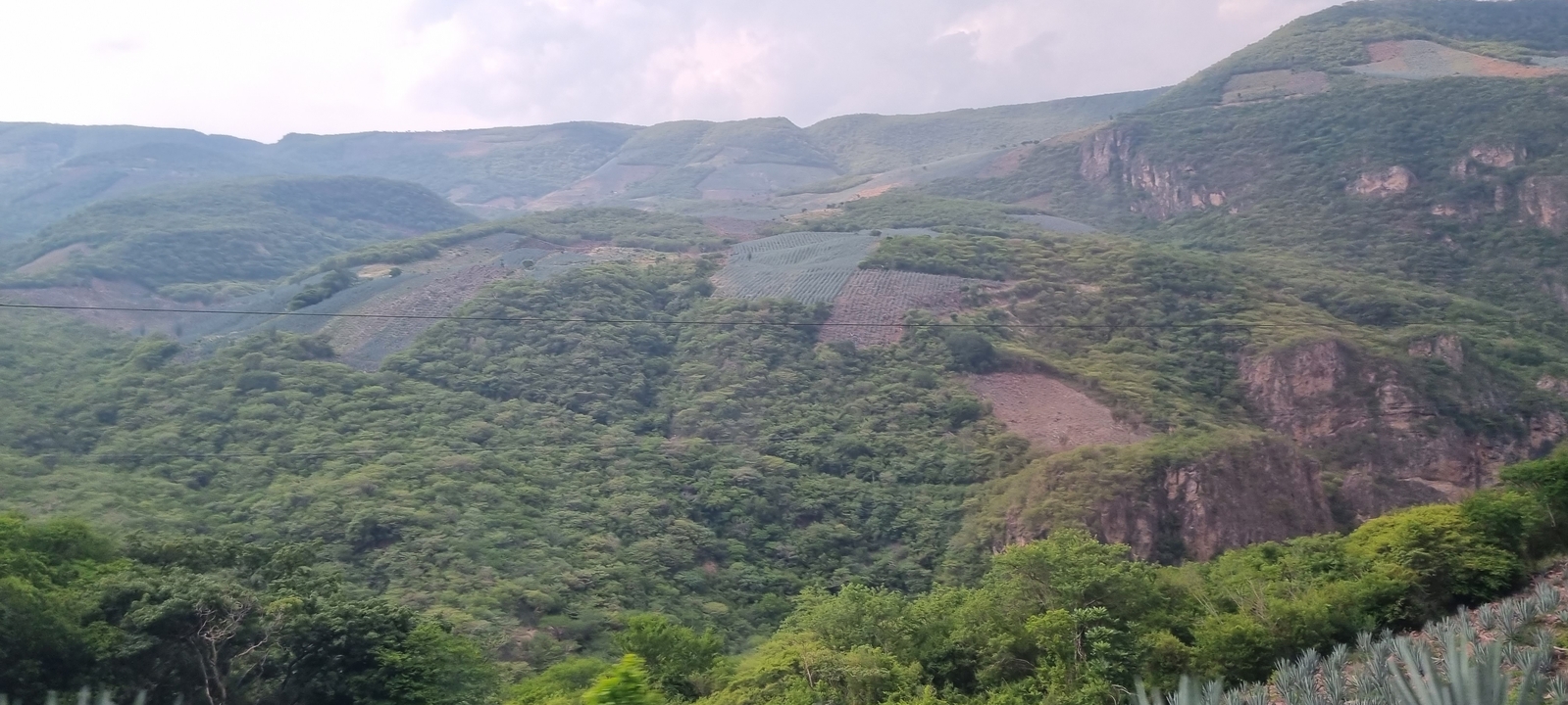 Lush green hills under a cloudy sky.