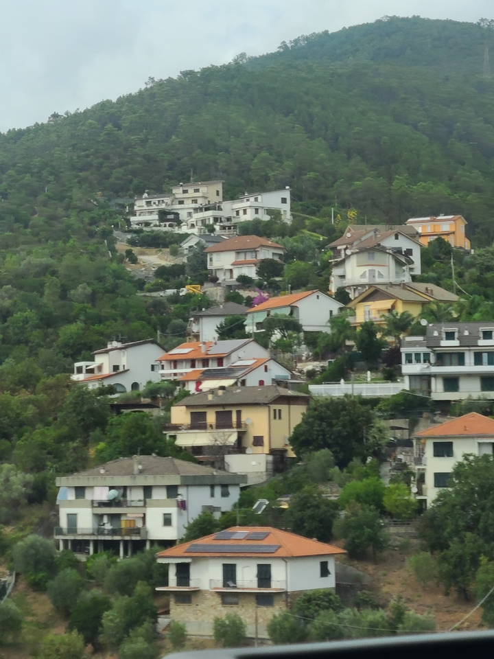 Cluster of hillside houses surrounded by greenery.