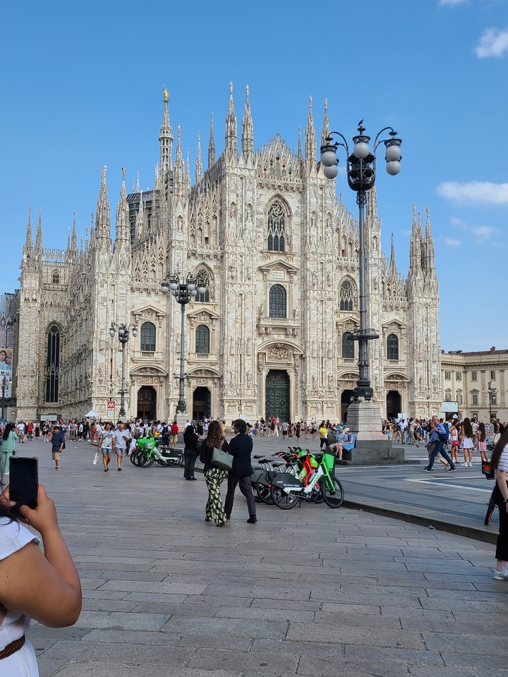 Gothic cathedral with people in the square.