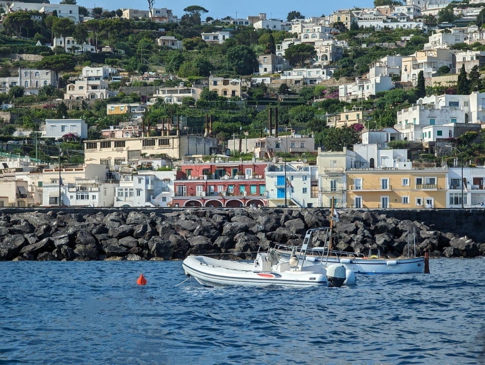 Coastal town with boats in the foreground.