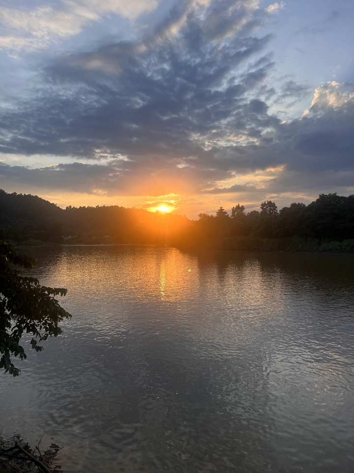 Un coucher de soleil sur une rivière calme avec des arbres bordant les rives.