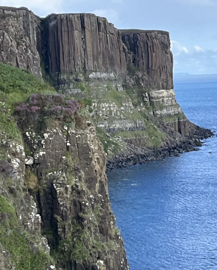 Cliffside view over the ocean with vegetation and rocky terrain.