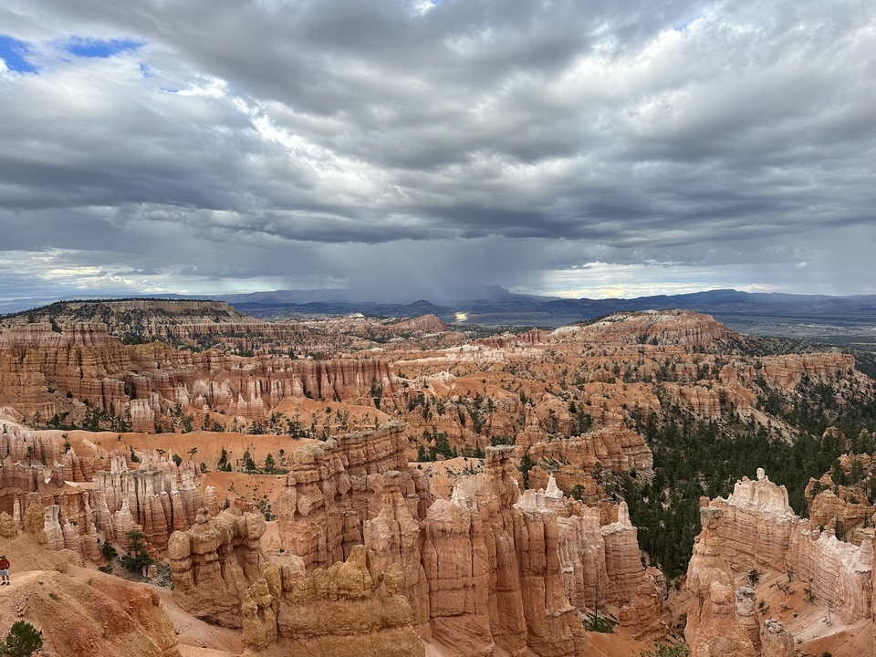 Expansive canyon with storm clouds in the distance