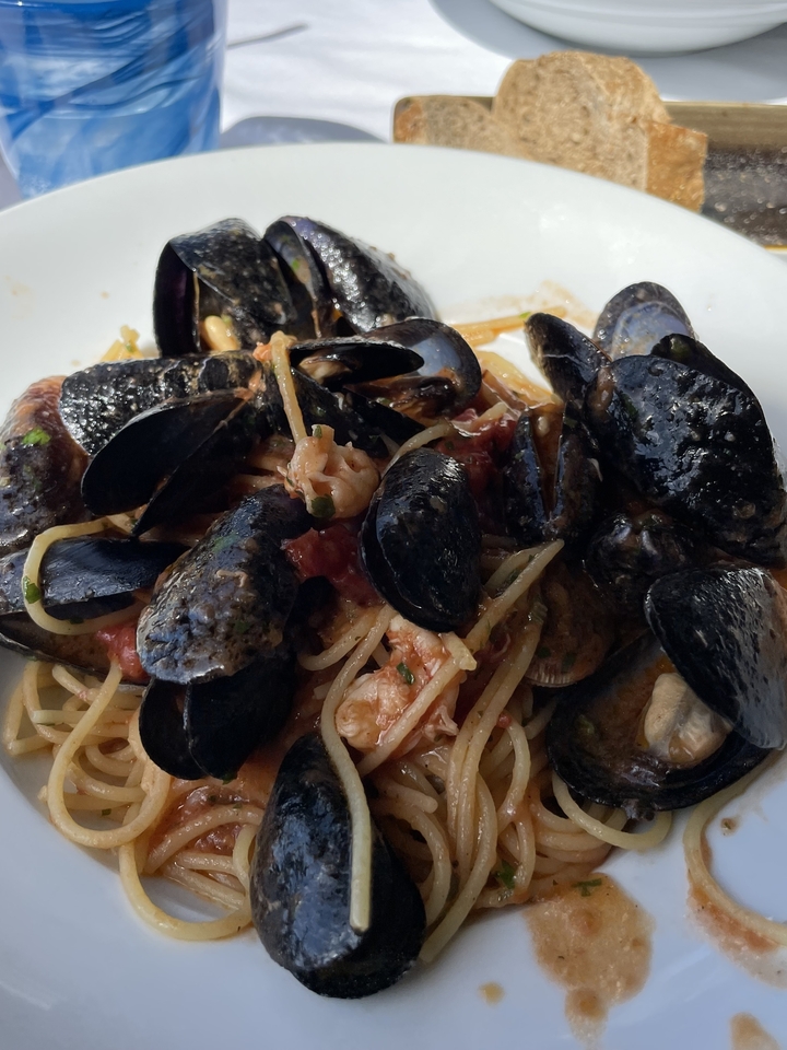 Close-up of a seafood dish with mussels and pasta.