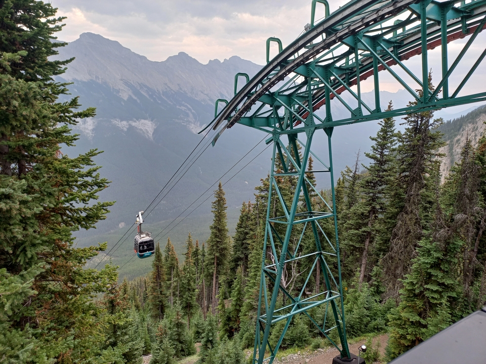 Téléphérique au-dessus d'un paysage montagneux boisé