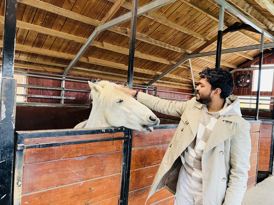 Man petting a horse in a stable.