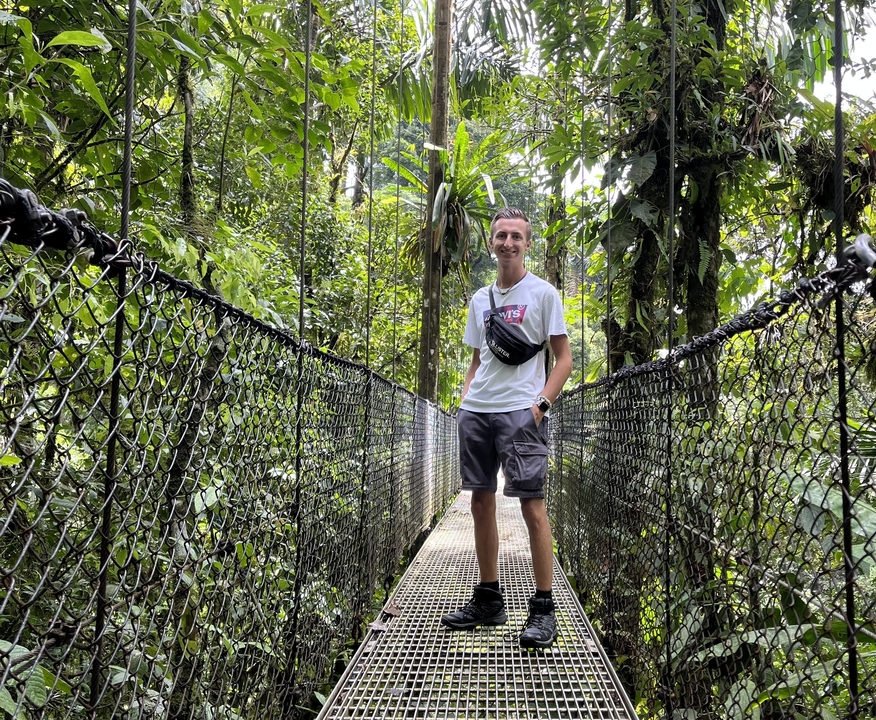 A person on a hanging bridge in a tropical forest.