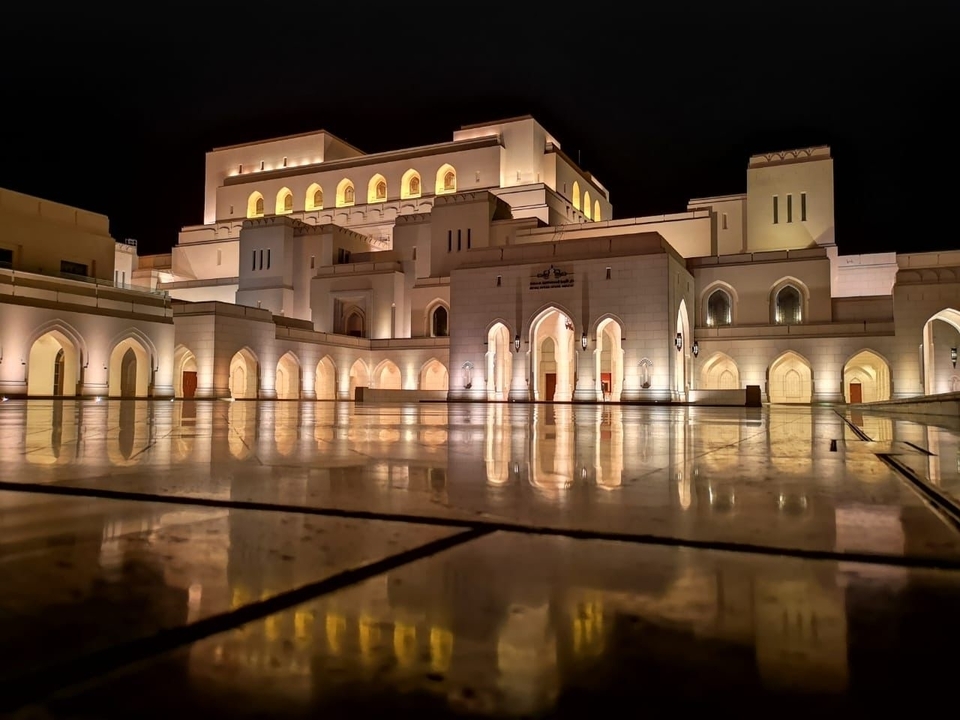 Beautifully lit grand building at night.