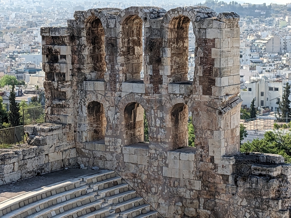Close-up of a historic stone structure in Athens.