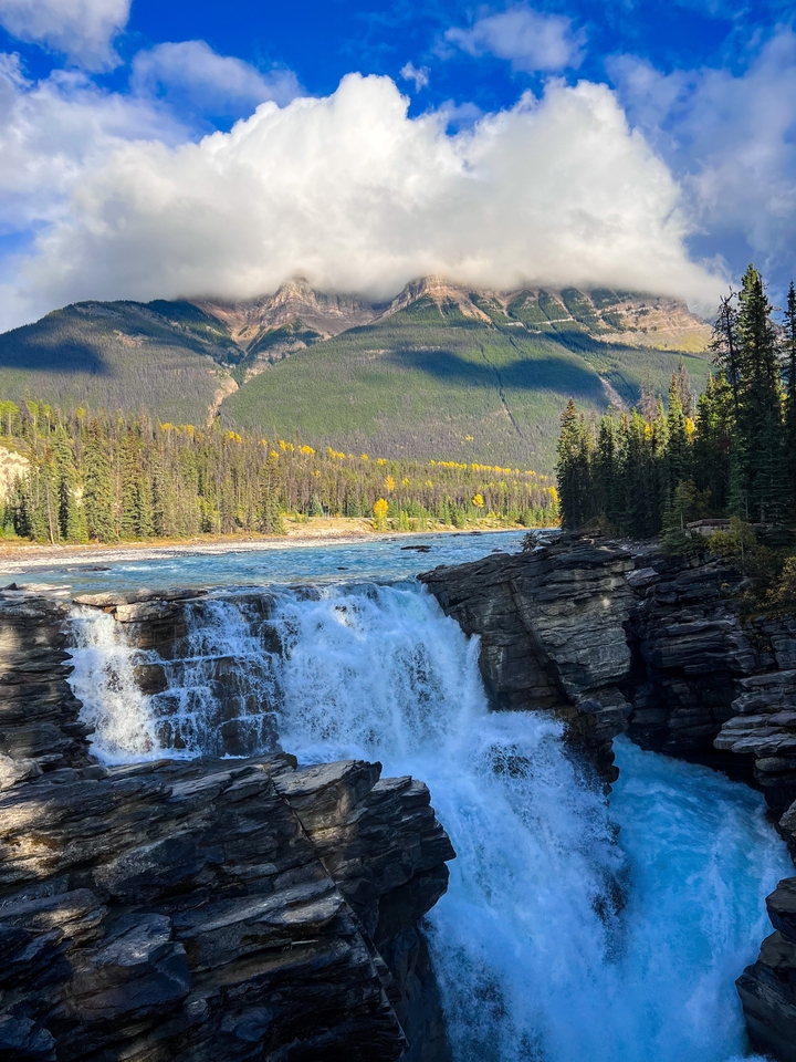 Cascade tombant dans une rivière avec un feuillage éclatant.
