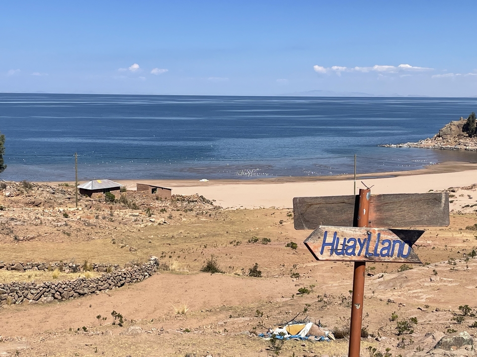 Beach view with a signpost indicating Huayllano.