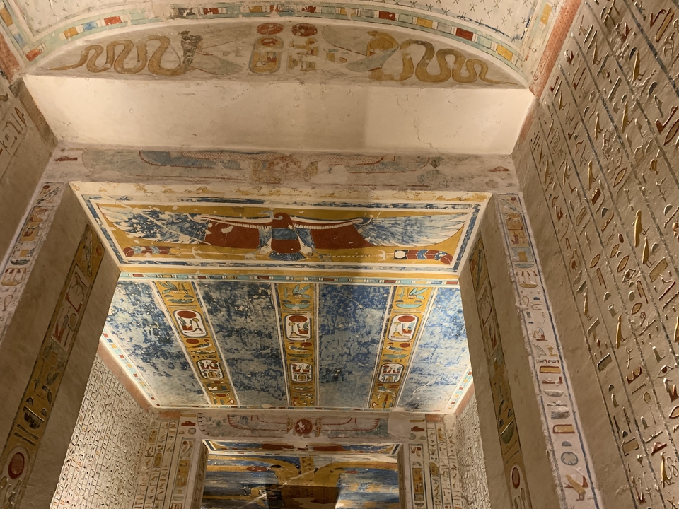 Decorated interior of an ancient Egyptian temple.