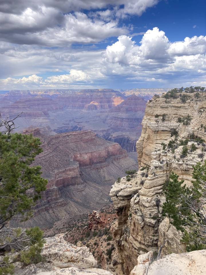 A canyon with layered rock formations and sparse greenery.