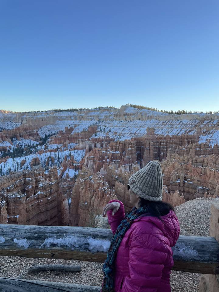 A person in warm clothing near a snowy rock formation.
