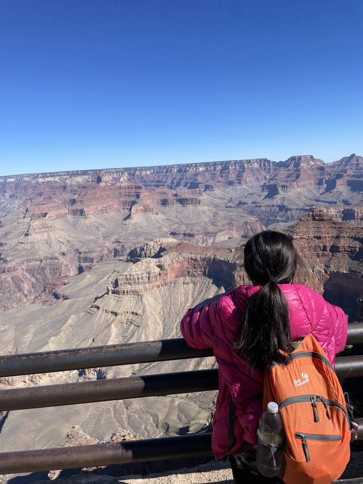 A person with a backpack at a canyon viewpoint.