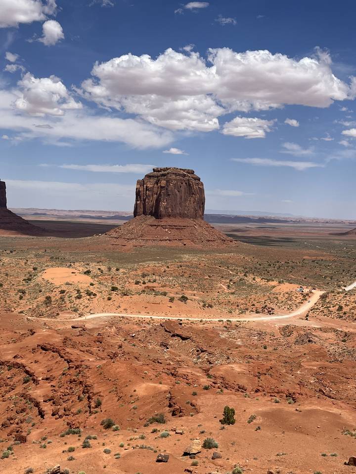 Single rock formation in a desert landscape with a dirt road.