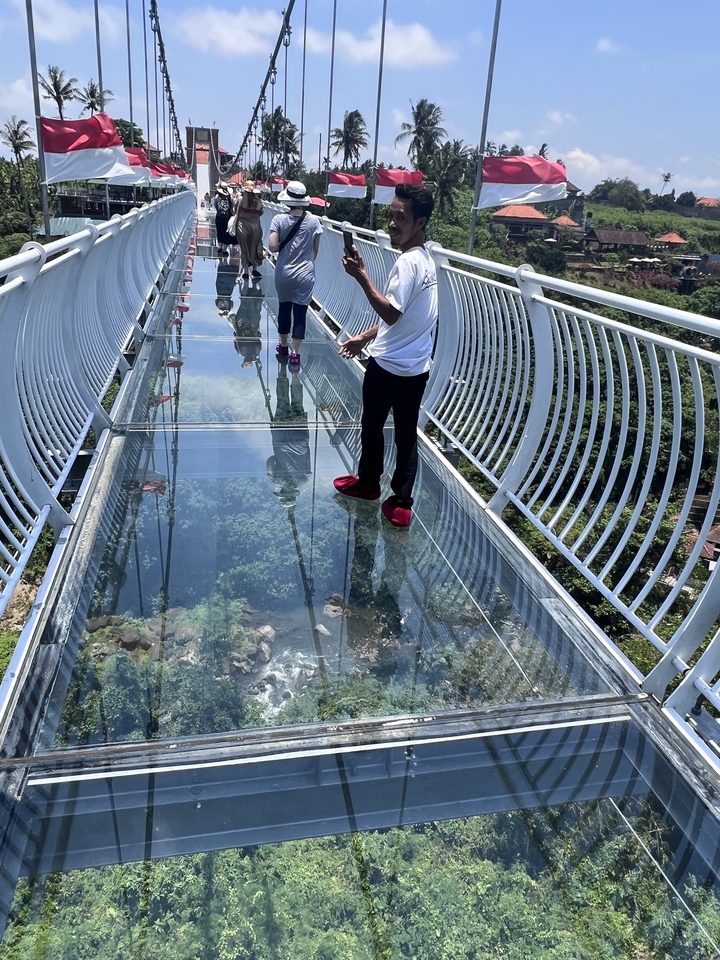 People walking on a glass bridge overlooking a valley.